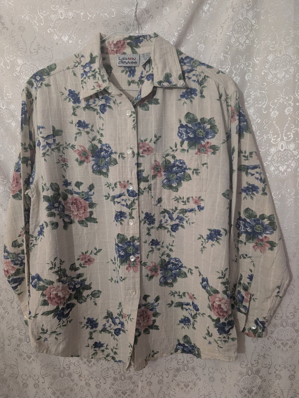 Vintage 90s Lemon Grass Floral Cotton Blend Button Up Shirt Blouse L